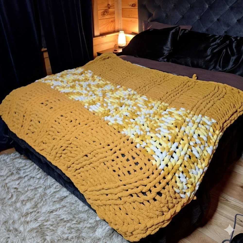 Handmade Chunky open knit handwoven chenille throw blanket mustard yellow 72x72